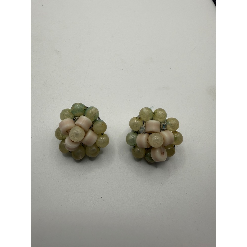 Vintage Japan Beaded Cluster Clip On Earrings Green Pink Pastel Mid Century